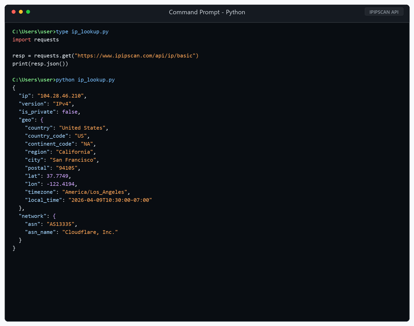 Example terminal output from a Python IP lookup